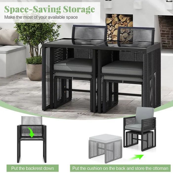 COSTWAY 5 Pieces Patio Dining Set Outdoor Rattan Chairs with Table & Ottomans