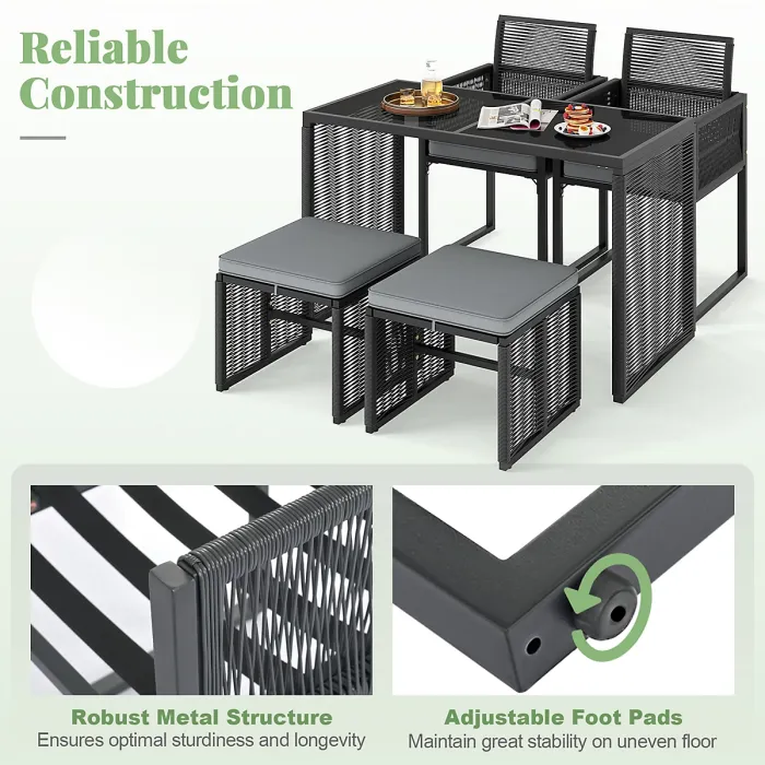 COSTWAY 5 Pieces Patio Dining Set Outdoor Rattan Chairs with Table & Ottomans