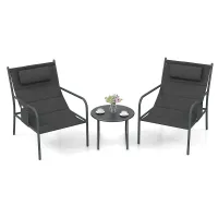 GAINOOM 3 Piece Grey Outdoor Bistro Set Patio Metal Chair & Coffee Table Set