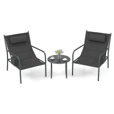 GAINOOM 3 Piece Grey Outdoor Bistro Set Patio Metal Chair & Coffee Table Set