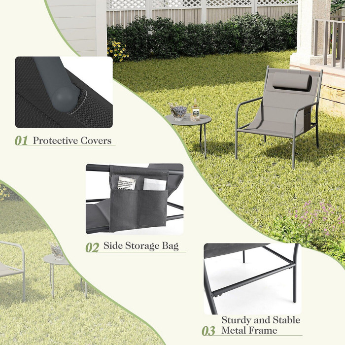 GAINOOM 3 Piece Grey Outdoor Bistro Set Patio Metal Chair & Coffee Table Set