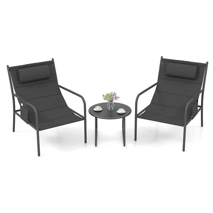 GAINOOM 3 Piece Grey Outdoor Bistro Set Patio Metal Chair & Coffee Table Set