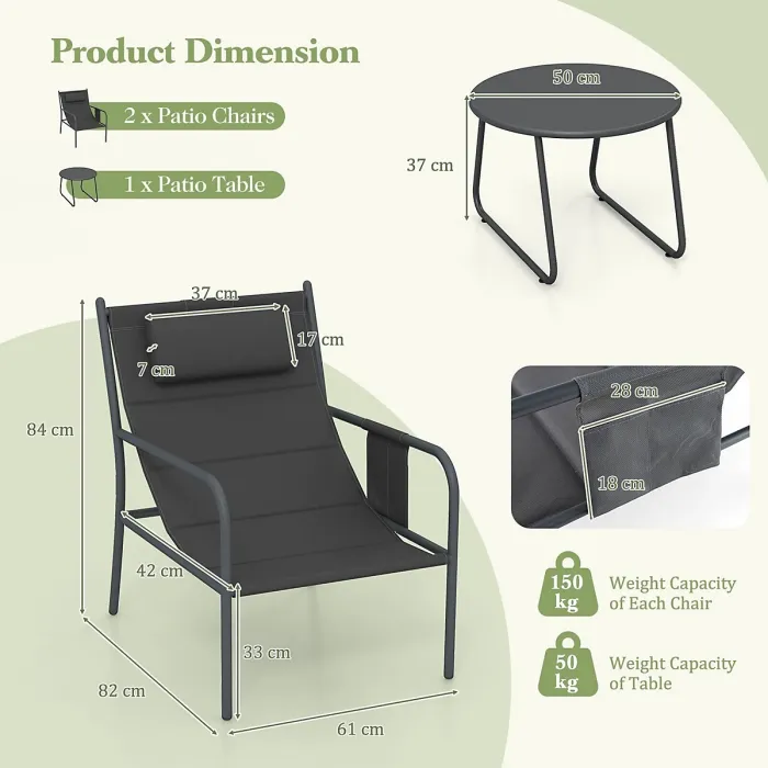 GAINOOM 3 Piece Grey Outdoor Bistro Set Patio Metal Chair & Coffee Table Set