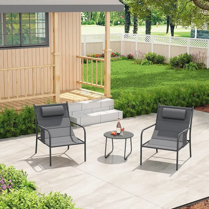 GAINOOM 3 Piece Grey Outdoor Bistro Set Patio Metal Chair & Coffee Table Set