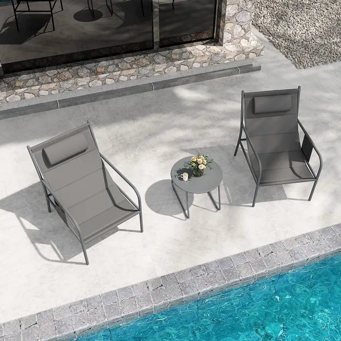 GAINOOM 3 Piece Grey Outdoor Bistro Set Patio Metal Chair & Coffee Table Set
