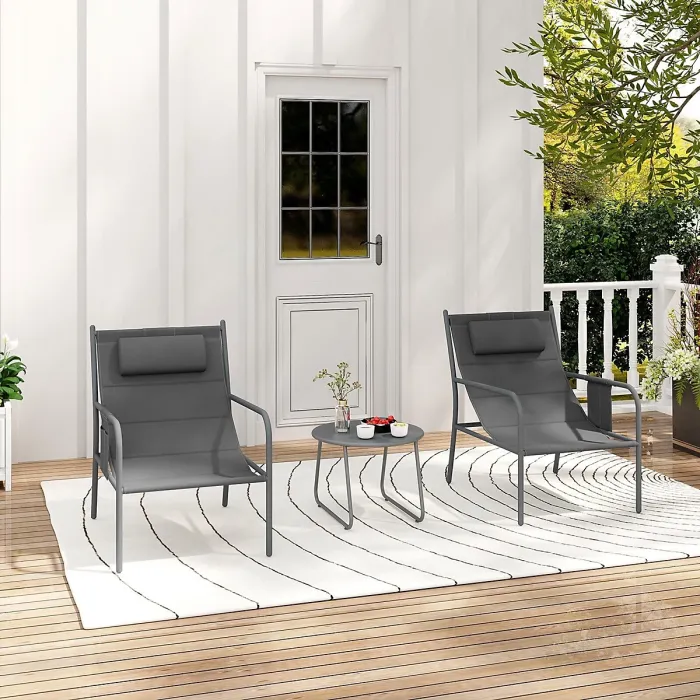 GAINOOM 3 Piece Grey Outdoor Bistro Set Patio Metal Chair & Coffee Table Set