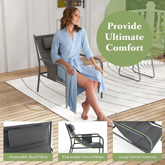 GAINOOM 3 Piece Grey Outdoor Bistro Set Patio Metal Chair & Coffee Table Set