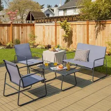 GAINOOM 4PCS Garden Grey Patio Table and Chair Set Outdoor Metal Frame Conversation Furniture