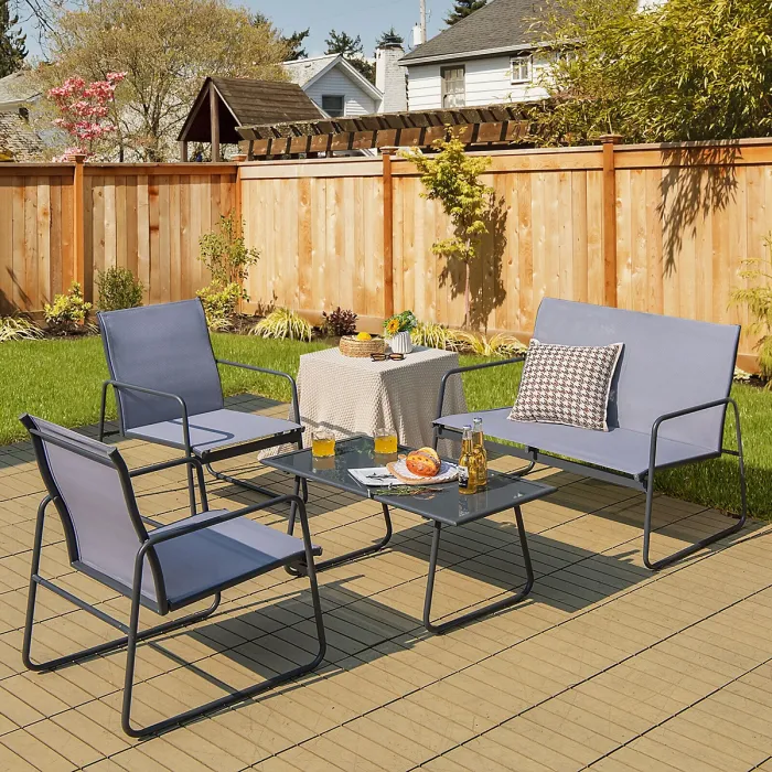 GAINOOM 4PCS Garden Grey Patio Table and Chair Set Outdoor Metal Frame Conversation Furniture