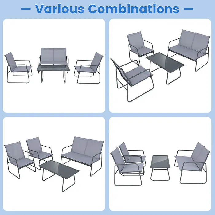 GAINOOM 4PCS Garden Grey Patio Table and Chair Set Outdoor Metal Frame Conversation Furniture