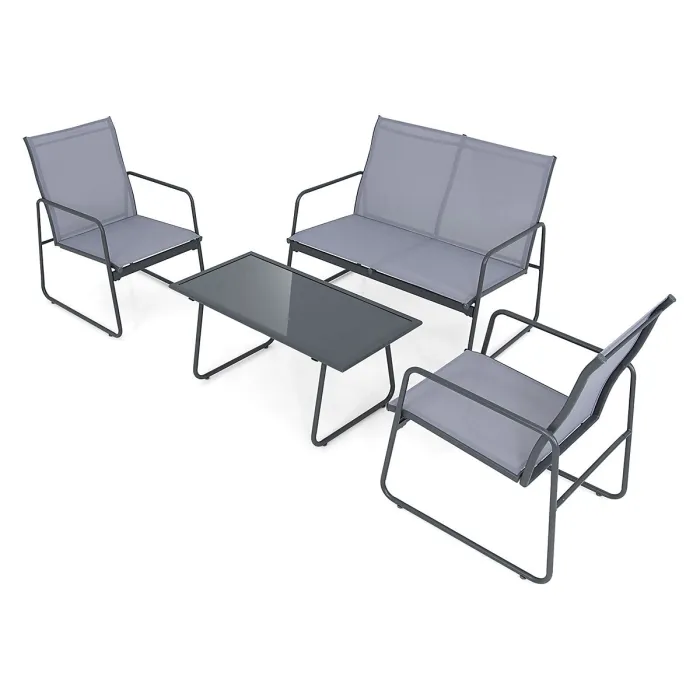GAINOOM 4PCS Garden Grey Patio Table and Chair Set Outdoor Metal Frame Conversation Furniture
