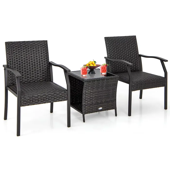 GAINOOM 3 Piece Black Patio Wicker Chair Set Outdoor Rattan Conversation Set w/ Padded Seat