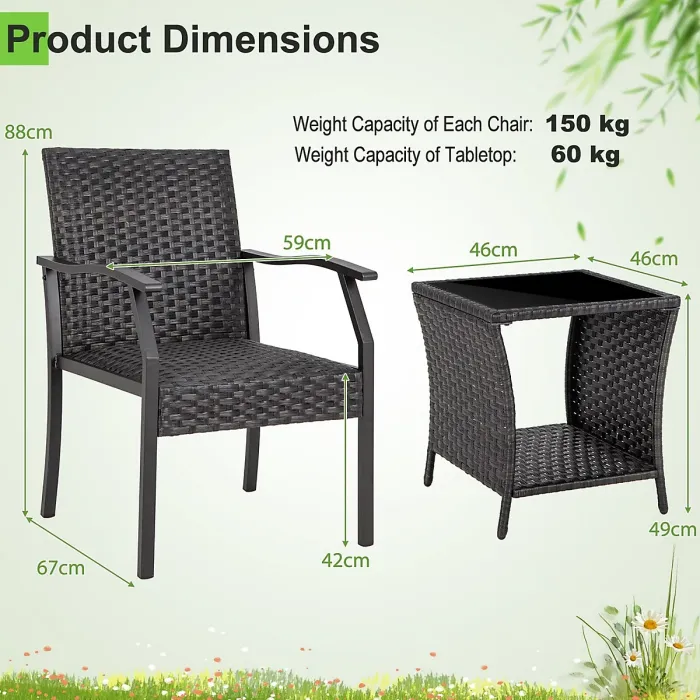 GAINOOM 3 Piece Black Patio Wicker Chair Set Outdoor Rattan Conversation Set w/ Padded Seat