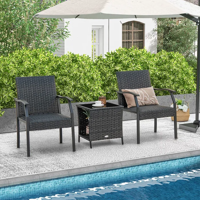 GAINOOM 3 Piece Black Patio Wicker Chair Set Outdoor Rattan Conversation Set w/ Padded Seat