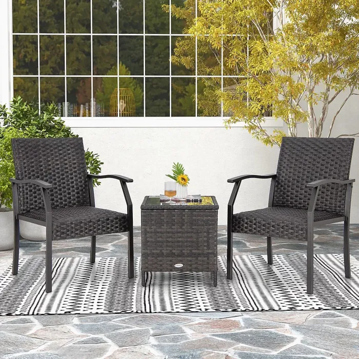 GAINOOM 3 Piece Black Patio Wicker Chair Set Outdoor Rattan Conversation Set w/ Padded Seat
