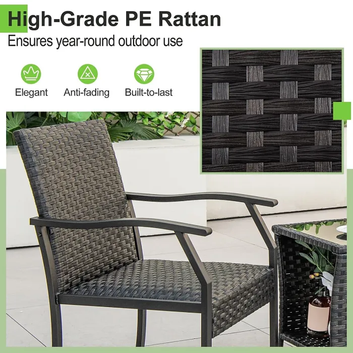 GAINOOM 3 Piece Black Patio Wicker Chair Set Outdoor Rattan Conversation Set w/ Padded Seat