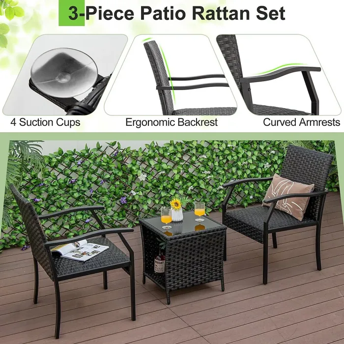 GAINOOM 3 Piece Black Patio Wicker Chair Set Outdoor Rattan Conversation Set w/ Padded Seat