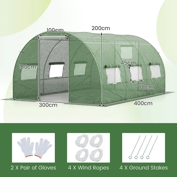 COSTWAY 400 x 300 x 200 cm Outdoor Walk-in Tunnel Greenhouse Roll-up Windows-Green