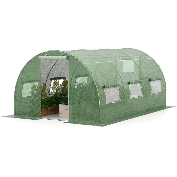 COSTWAY 400 x 300 x 200 cm Outdoor Walk-in Tunnel Greenhouse Roll-up Windows-Green