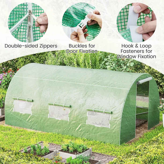 COSTWAY 400 x 300 x 200 cm Outdoor Walk-in Tunnel Greenhouse Roll-up Windows-Green
