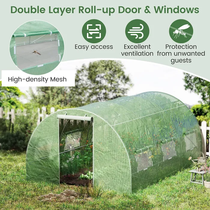COSTWAY 400 x 300 x 200 cm Outdoor Walk-in Tunnel Greenhouse Roll-up Windows-Green