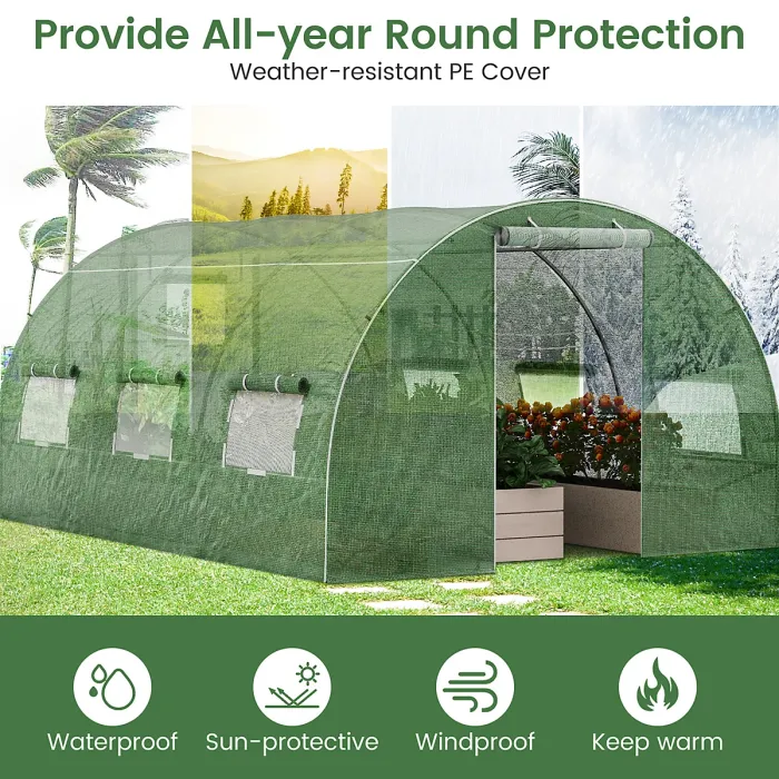COSTWAY 400 x 300 x 200 cm Outdoor Walk-in Tunnel Greenhouse Roll-up Windows-Green