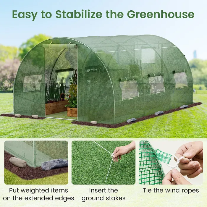 COSTWAY 400 x 300 x 200 cm Outdoor Walk-in Tunnel Greenhouse Roll-up Windows-Green