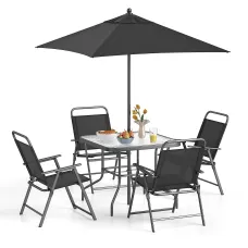 COSTWAY 6 Pieces Outdoor Dining Set Patio Square Table w/ Umbrella -Black