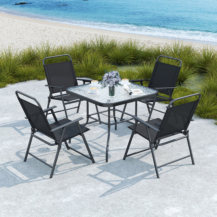 COSTWAY 6 Pieces Outdoor Dining Set Patio Square Table w/ Umbrella -Black
