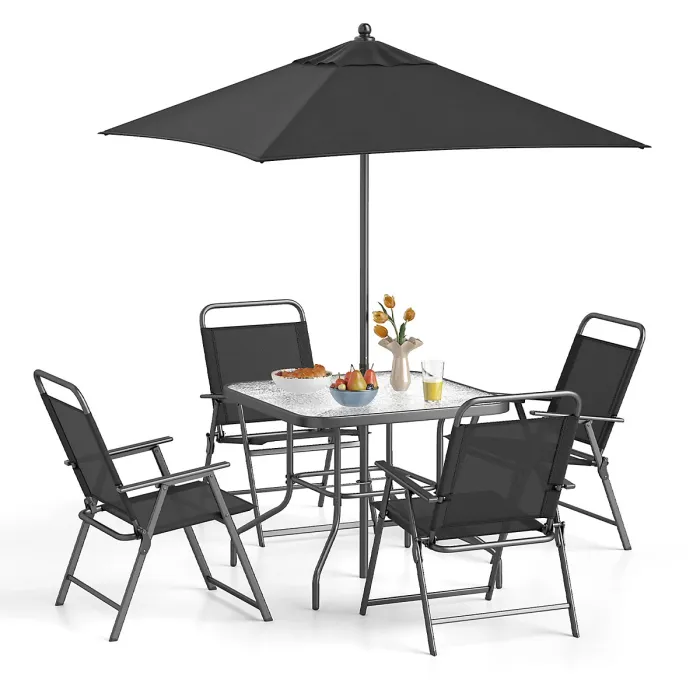 COSTWAY 6 Pieces Outdoor Dining Set Patio Square Table w/ Umbrella -Black