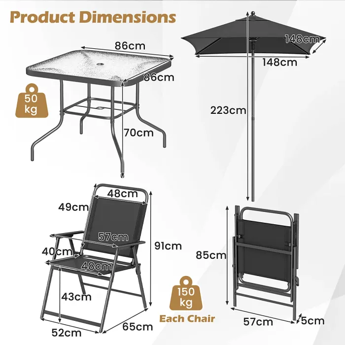 COSTWAY 6 Pieces Outdoor Dining Set Patio Square Table w/ Umbrella -Black