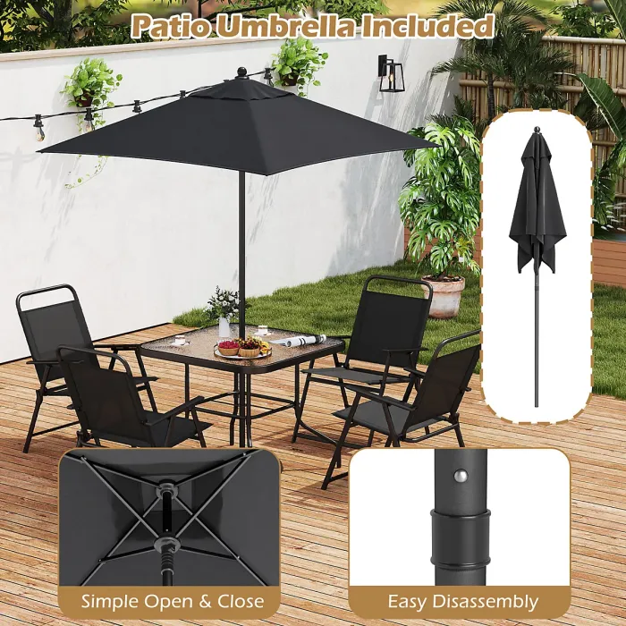 COSTWAY 6 Pieces Outdoor Dining Set Patio Square Table w/ Umbrella -Black