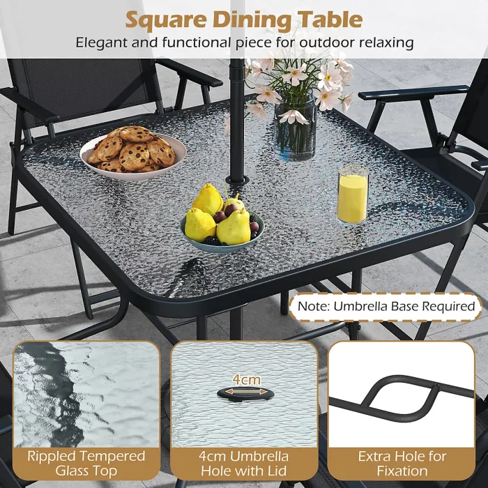 COSTWAY 6 Pieces Outdoor Dining Set Patio Square Table w/ Umbrella -Black
