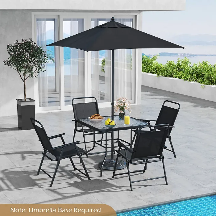 COSTWAY 6 Pieces Outdoor Dining Set Patio Square Table w/ Umbrella -Black