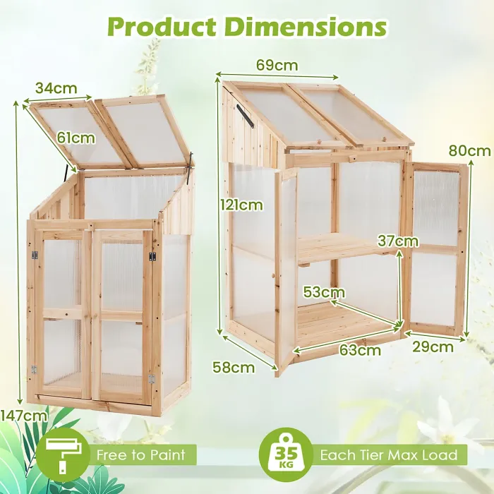 GAINOOM Wooden Cold Frame Greenhouse Portable Raised Flower Planter Shelf Protection