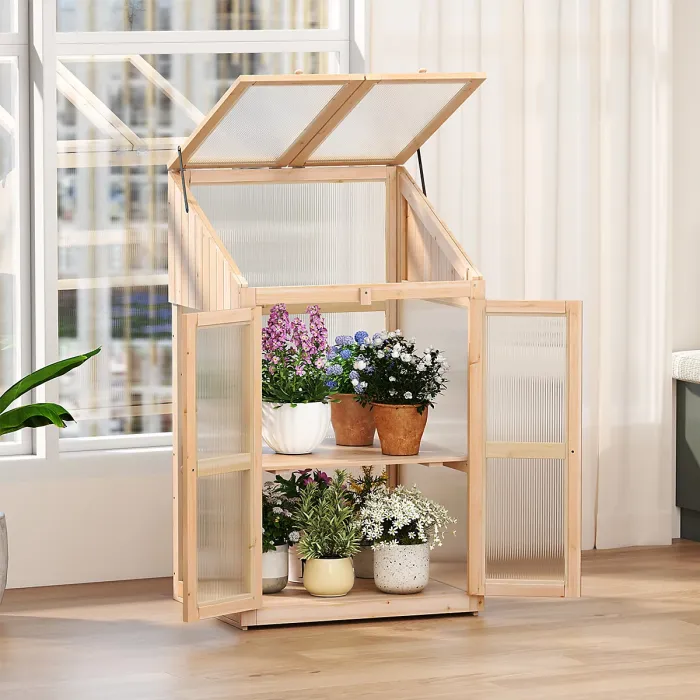 GAINOOM Wooden Cold Frame Greenhouse Portable Raised Flower Planter Shelf Protection