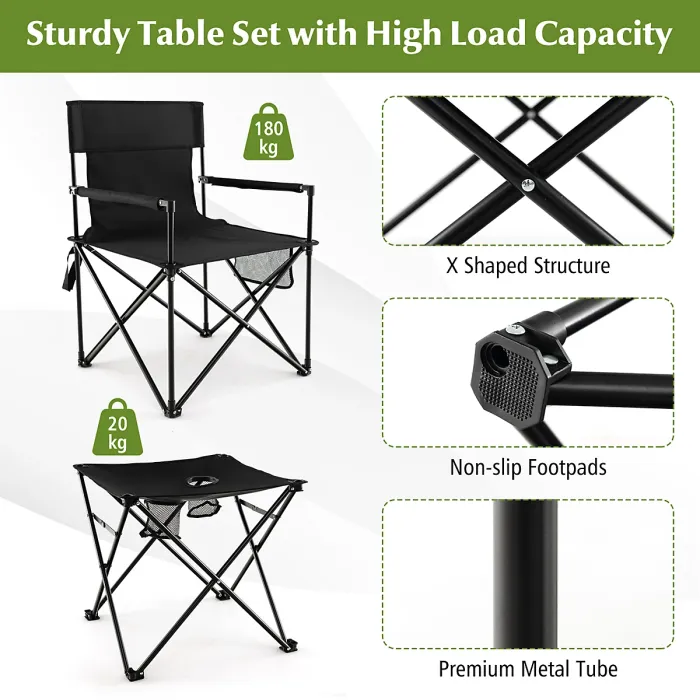 GAINOOM 3 Piece Camping Chairs & Table Set Outdoor Folding Lawn Chair w/ Side Table