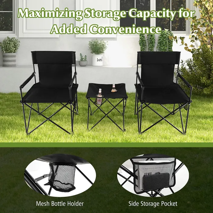 GAINOOM 3 Piece Camping Chairs & Table Set Outdoor Folding Lawn Chair w/ Side Table