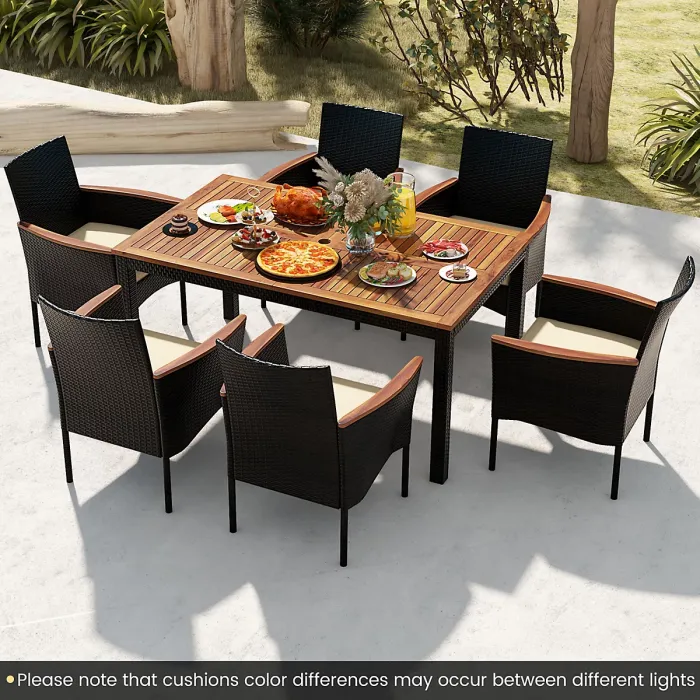 COSTWAY 7 Pieces PE Rattan Outdoor Patio Dining Set with 6 Stackable Chairs