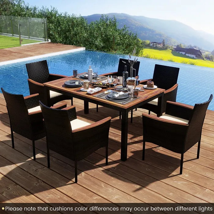 COSTWAY 7 Pieces PE Rattan Outdoor Patio Dining Set with 6 Stackable Chairs