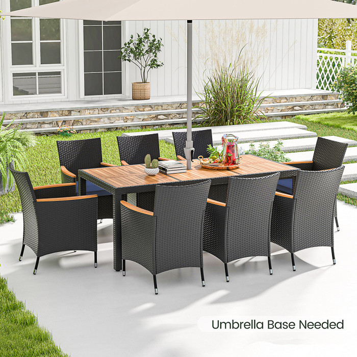 COSTWAY 9 PCS Outdoor Patio Rattan Dining Table Chair Set w/ Umbrella Hole-Navy