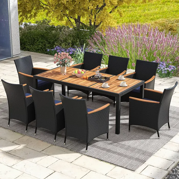 COSTWAY 9 PCS Outdoor Patio Rattan Dining Table Chair Set w/ Umbrella Hole-Navy