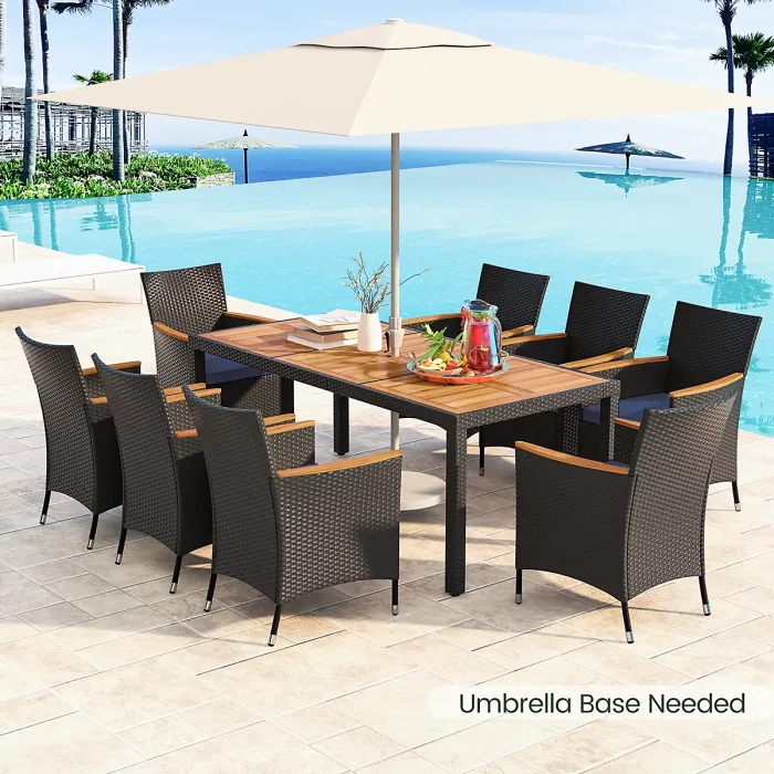 COSTWAY 9 PCS Outdoor Patio Rattan Dining Table Chair Set w/ Umbrella Hole-Navy