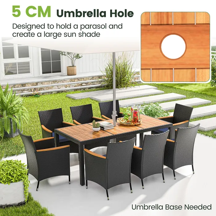 COSTWAY 9 PCS Outdoor Patio Rattan Dining Table Chair Set w/ Umbrella Hole-Navy