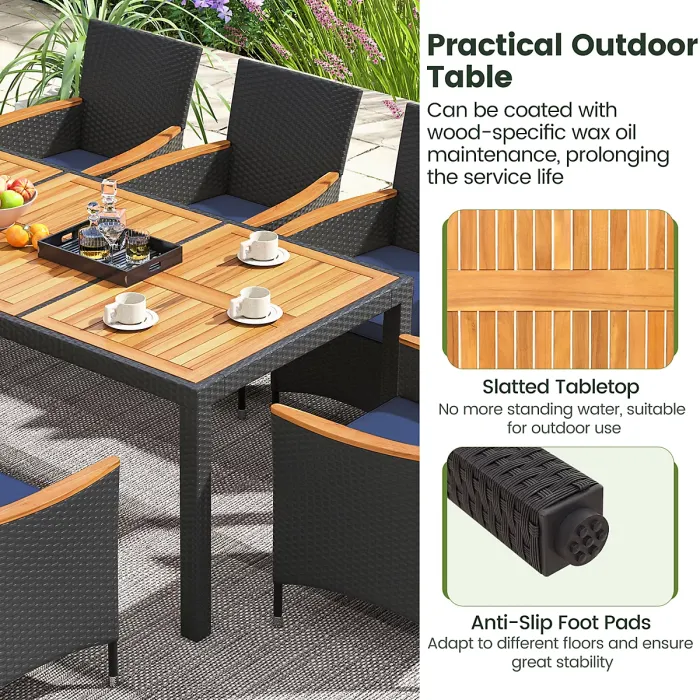 COSTWAY 9 PCS Outdoor Patio Rattan Dining Table Chair Set w/ Umbrella Hole-Navy