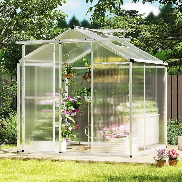 COSTWAY 6 x 6 ft Polycarbonate Greenhouse Outdoor Walk-in Green House w/ Rain Gutters