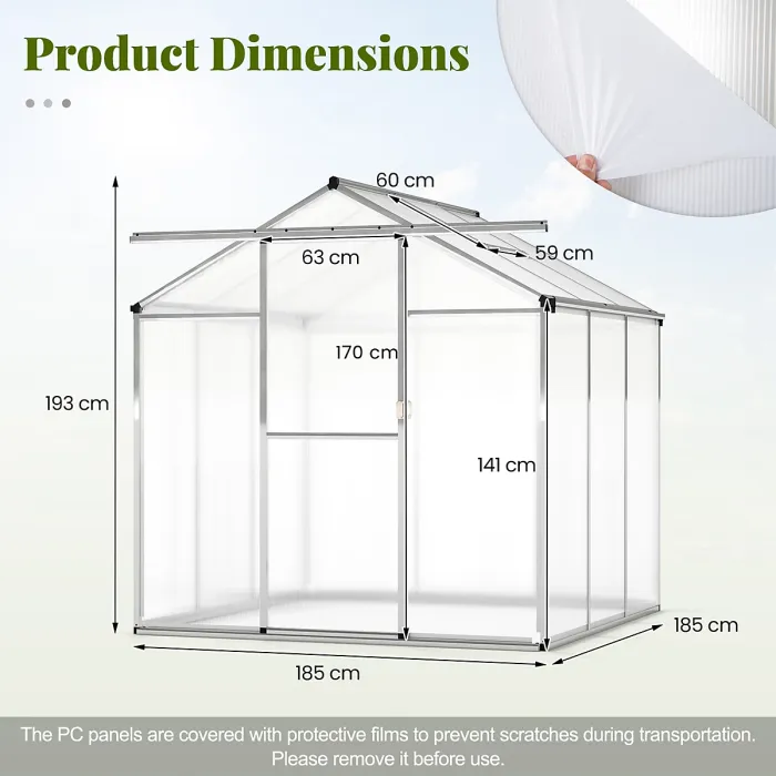 COSTWAY 6 x 6 ft Polycarbonate Greenhouse Outdoor Walk-in Green House w/ Rain Gutters