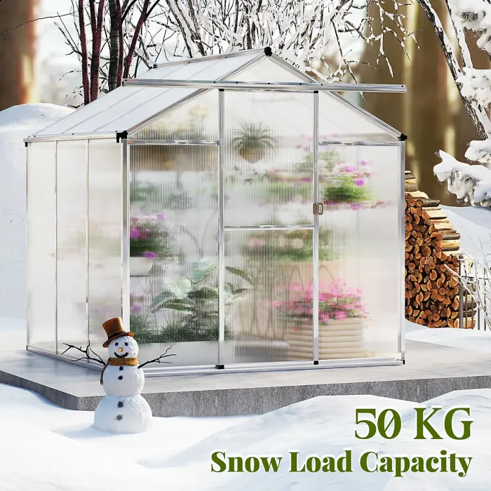 COSTWAY 6 x 6 ft Polycarbonate Greenhouse Outdoor Walk-in Green House w/ Rain Gutters