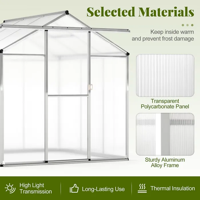COSTWAY 6 x 6 ft Polycarbonate Greenhouse Outdoor Walk-in Green House w/ Rain Gutters