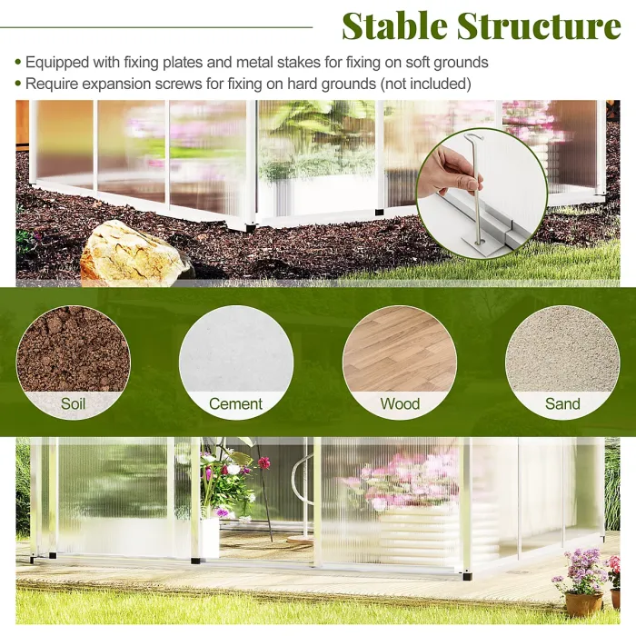 COSTWAY 6 x 6 ft Polycarbonate Greenhouse Outdoor Walk-in Green House w/ Rain Gutters